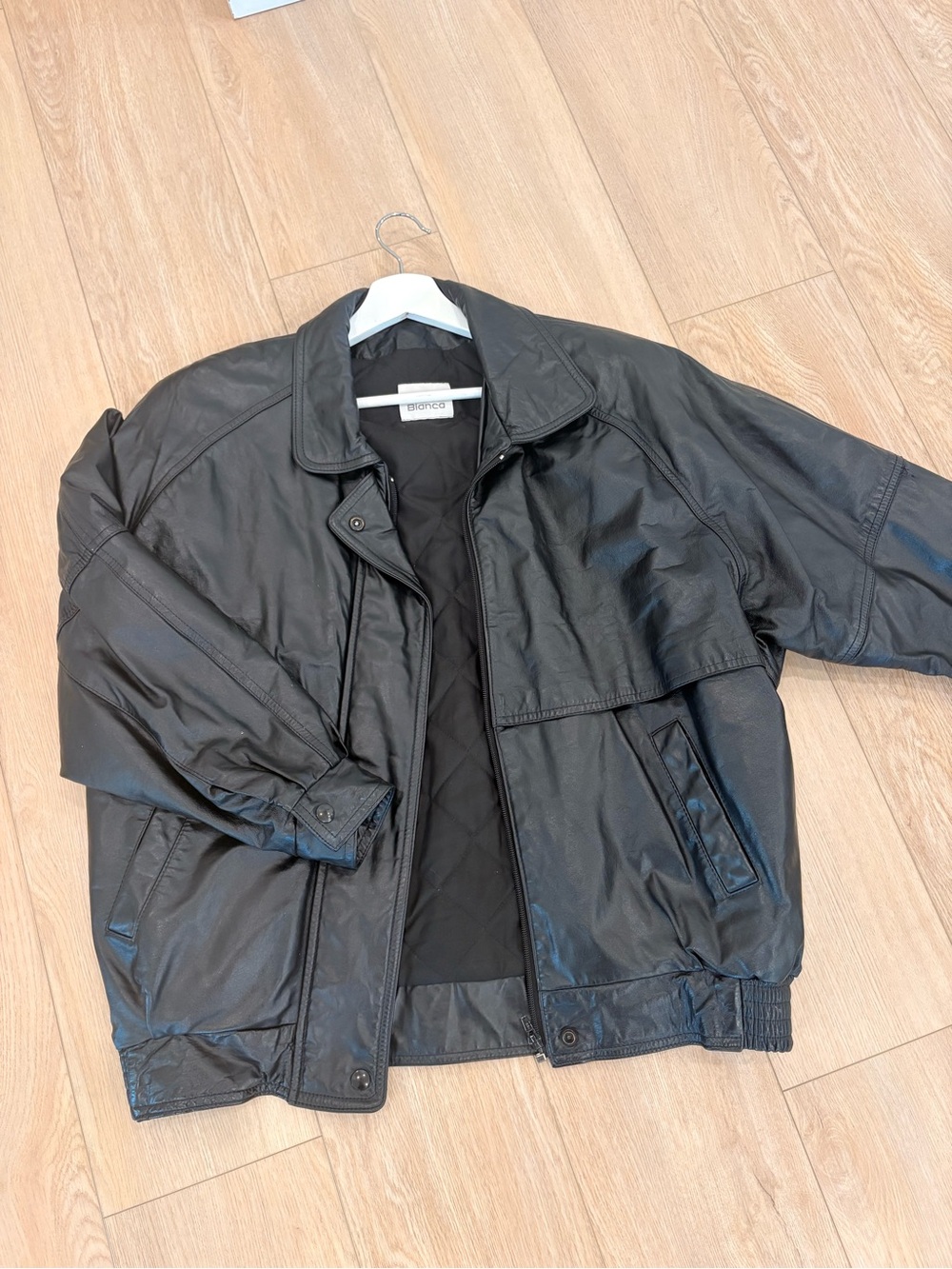 90’s Bianca Black 100%Leather Bomber Jacket with Quilted Lining